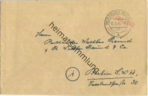 Postkarte aus Herzberg (Elster) vom 10.08.1945 mit 'Bezahlt' Stempel B16g in rot
