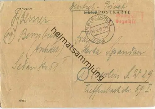 Postkarte aus (19) Bernburg 1 vom 10.09.1945 mit 'Gebühr bezahlt' Stempel B5a in rot