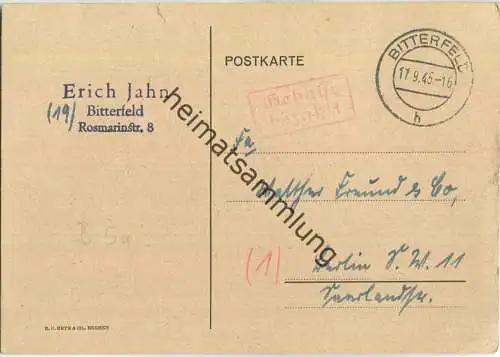 Postkarte aus Bitterfeld vom 17.09.1945 mit 'Gebühr bezahlt' Stempel B5a in rot