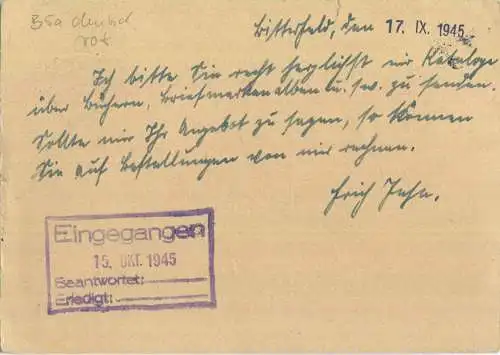 Postkarte aus Bitterfeld vom 17.09.1945 mit 'Gebühr bezahlt' Stempel B5a in rot