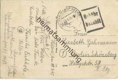 Postkarte aus Helbra (Mansf Seekr) vom 12.09.1945 mit 'Gebühr bezahlt' Stempel B16 (Sonderform) in schwarz