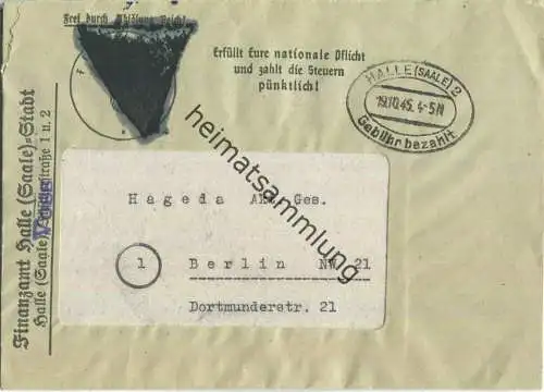Brief aus Halle (Saale) vom 09.10.1945 mit 'Gebühr bezahlt' Stempel C1h in schwarz