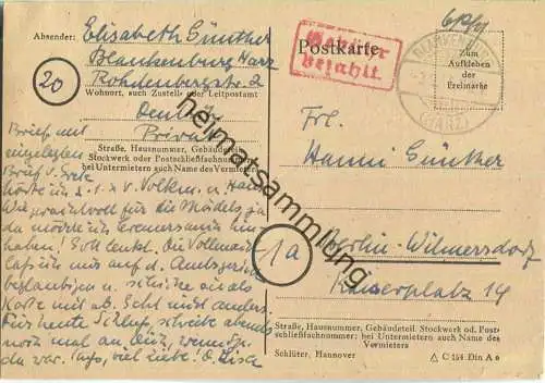 Postkarte aus Blankenburg/Harz vom 03.09.1945 mit 'Gebühr bezahlt' Stempel B5e in rot '6 Rpf'