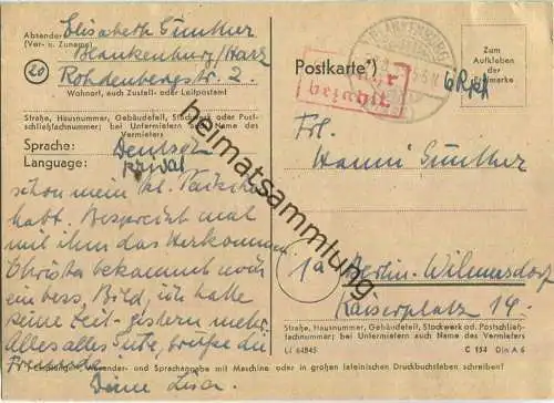 Postkarte aus Blankenburg/Harz vom 27.08.1945 mit 'Gebühr bezahlt' Stempel B5e in rot '6 Rpf'