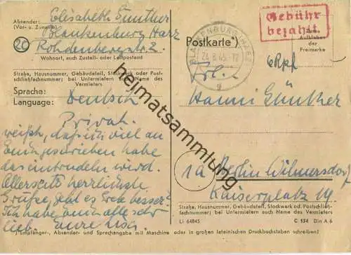 Postkarte aus Blankenburg vom 24.08.1945 mit 'Gebühr bezahlt' Stempel B5e in rot '6 Rpf'