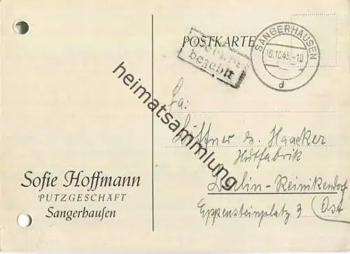 Postkarte aus Sangershausen vom 10.10.1945 mit 'Gebühr bezahlt' Stempel B5a in schwarz