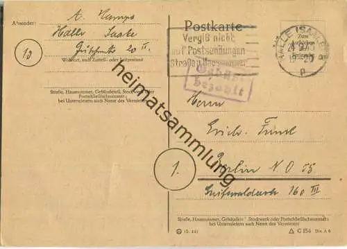 Postkarte aus Halle/Saale vom 24.09.1945 mit 'Gebühr bezahlt' Stempel B5a in violett