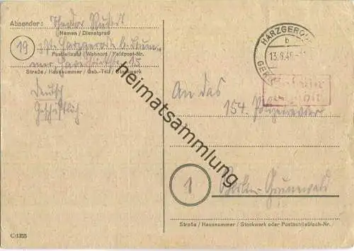 Postkarte aus Harzgerode vom 13.08.1945 mit 'Gebühr bezahlt' Stempel B5a in rot