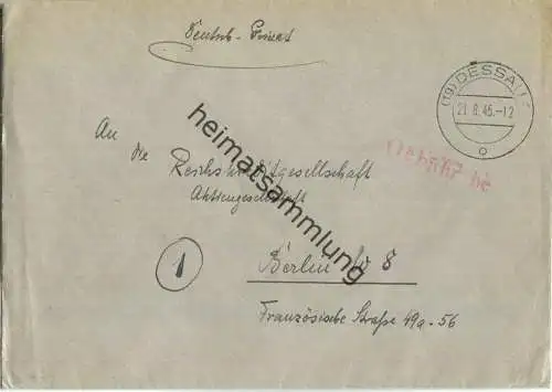 Brief aus (19) Dessau vom 21.08.1945 mit 'Gebühr bezahlt' Stempel in rot