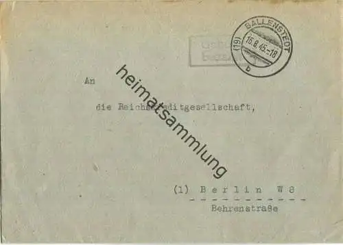 Brief aus (19) Ballenstedt vom 16.08.1945 mit 'Gebühr bezahlt' Stempel B4a in violett