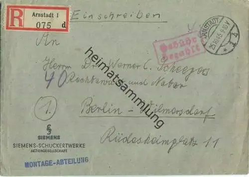 Einschreibebrief aus Arnstadt 1 vom 25.10.1945 mit 'Gebühr bezahlt' Stempel in violett '42'