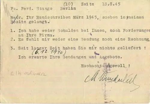 Postkarte aus Zeitz 2 vom 20.08.1945 mit 'Gebühr bezahlt' Stempel C1h in schwarz '6'