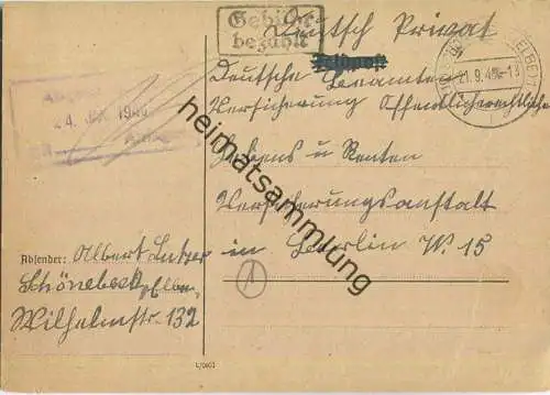 Postkarte aus Schönebeck/Elbe vom 21.09.1945 mit 'Gebühr bezahlt' Stempel B5a in schwarz