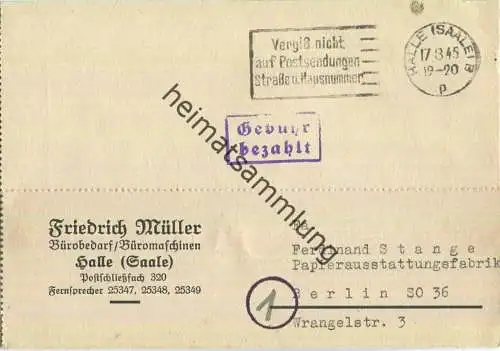Postkarte aus Halle (Saale) vom 17.08.1945 mit 'Gebühr bezahlt' Stempel B5a in violett