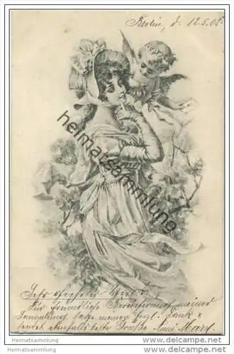 Frau - Biedermeier-Mode - Engelchen - Künstlerkarte signiert P. v. G.