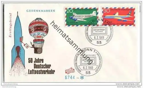 Ersttags-Brief mit Marken 50 Jahre Deutscher Luftpostverkehr - Sonderstempel 6. Februar 1969