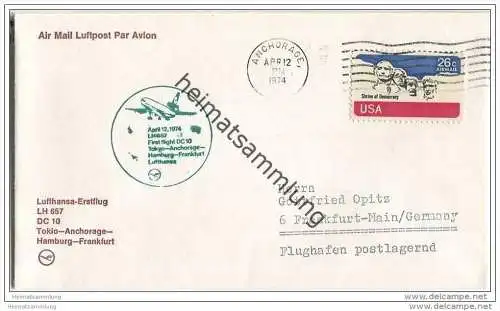 Brief USA - Lufthansa-Erstflug LH 657 DC 10 - Tokio-Anchorage-Hamburg-Frankfurt - 12. April 1974