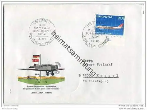 Brief Schweiz - 50 Jahre Internationaler Luftpostverkehr - Geneve-Zürich-Nürnberg - 1. Juni 1972