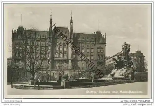 Stettin - Rathaus und Manzelbrunnen - Foto-AK 30er Jahre