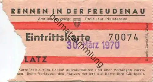 Österreich - Rennen in der Freudenau - Eintrittskarte 1970