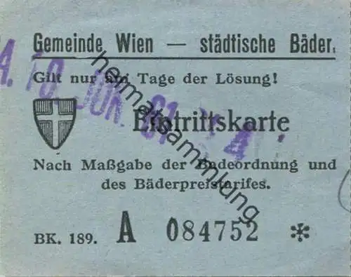 Österreich - Gemeinde Wien städtische Bäder - Eintrittskarte 1961