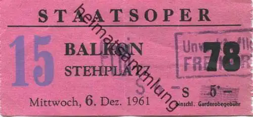 Österreich - Wien - Staatsoper - Eintrittskarte Stehplatz 1961