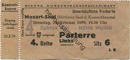 Österreich - Wien - Wiener Konzerthausgesellschaft 4 Zyklus VIII Neue Musik - Eintrittskarte 1970