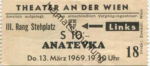 Österreich - Wien - Theater an der Wien - Anatevka 1969 - Eintrittskarte