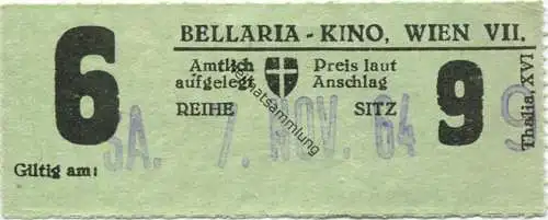 Österreich - Wien VII - Bellaria Kino 1964 - Eintrittskarte