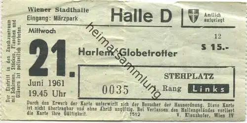 Österreich - Wien - Wiener Stadthalle - Harlem Globetrotter 1961 - Eintrittskarte