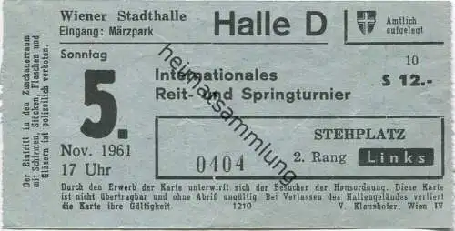 Österreich - Wien - Wiener Stadthalle - Internationales Reit- und Springturnier 1961 - Eintrittskarte