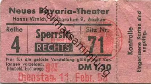 Aachen - Neues Bavaria-Theater Hanns Virnich Holzgraben 9 - Eintrittskarte