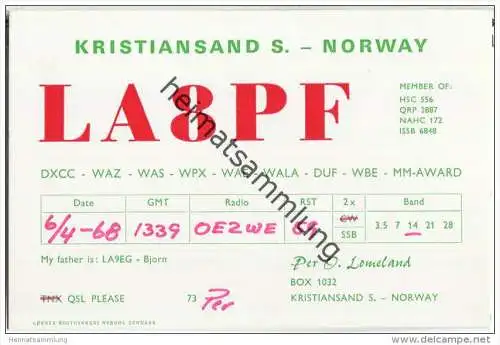 QSL - QTH - Funkkarte - LA8PF - Norway - Kristiansand - 1968