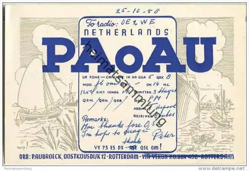 QSL - QTH - Funkkarte - PA0AU - The Netherlands - Rotterdam - 1954
