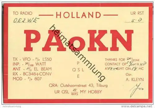 QSL - QTH - Funkkarte - PA0KN - Holland - Tilburg - 1958