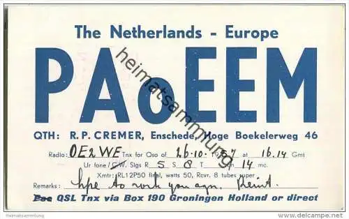 QSL - QTH - Funkkarte - PA0EEM - The Netherlands - Enschede - 1957