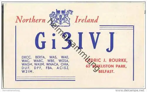 QSL - QTH - Funkkarte -GI3IVJ - Northern Ireland - Belfast - 1957