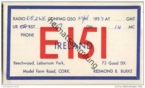 QSL - QTH - Funkkarte -EI5I - Ireland - Cork - 1957