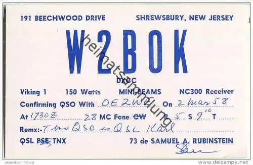 QSL - QTH - Funkkarte - W2BOK - USA - New Jersey - Shrewsbury - 1958