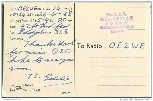 QSL - QTH - Funkkarte - G3LUY - Great Britain - Herts - 1958