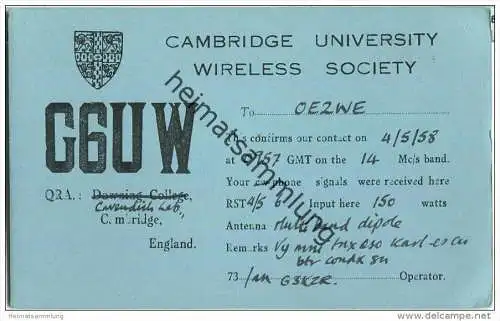 QSL - QTH - Funkkarte - G6UW - Great Britain - Cambridge - 1958