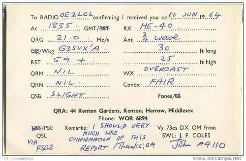 QSL - QTH - Funkkarte - J. F. Coles - Great Britain - Kenton - 1964