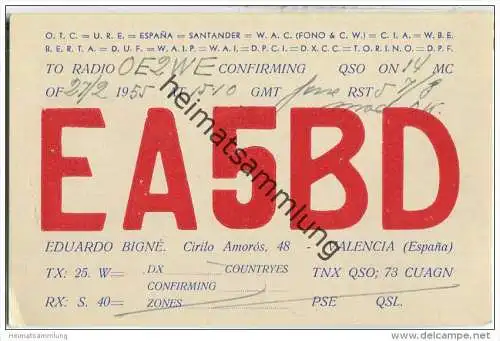 QSL - QTH - Funkkarte - EA5BD - Espana - Valencia - 1955