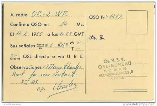 QSL - QTH - Funkkarte - EA5EQ - Espana - Valencia - 1955