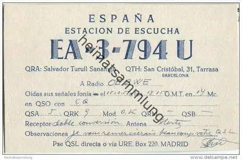 QSL - QTH - Funkkarte - EA-3-794U - Espana - Barcelona - 1958