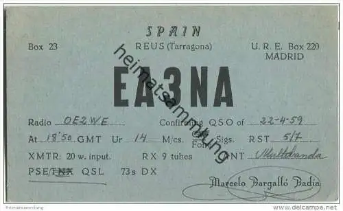 QSL - QTH - Funkkarte - EA3NA - Espana - Reus (Tarragona) - 1959