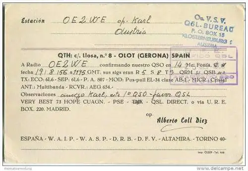 QSL - QTH - Funkkarte - EA3IM - Espana - Olot (Gerona) - 1956