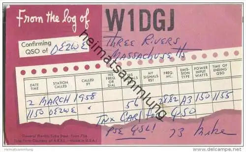 QSL - QTH - Funkkarte - W1DGJ - USA - Massachusetts - Three Rivers - 1958