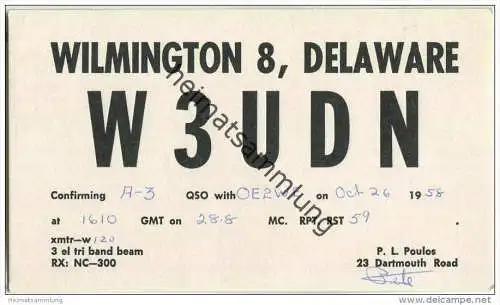QSL - QTH - Funkkarte - W3UDN - USA - Delaware - Wilmington 8 - 1958