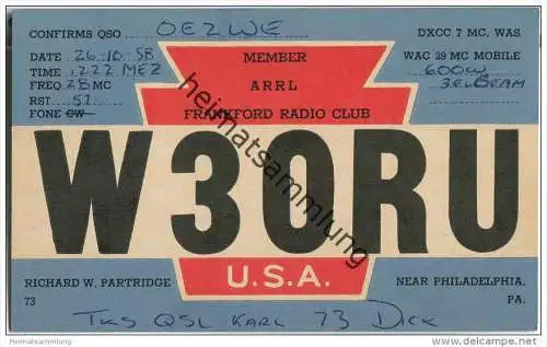 QSL - QTH - Funkkarte - W3ORU - USA - Pennsylvania - Philadelphia - 1958